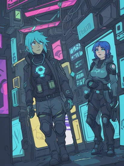 Two people, Master Chief and hologram AI Cortana, (reimagined in a cyberpunk universe), (cyberpunk style), (cyberpunk), augmentation, cybernetics, glowing neon lights, cinematic scene, masterpiece, best quality, high quality, absurdres, vivid 