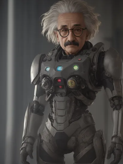cinematic film still A high-quality image portrays Albert Einstein in a Mech Suit. The renowned physicist is encased in a towering robotic exoskeleton, exuding an air of intellect and power. The suit gleams with metallic brilliance, each joint and panel meticulously detailed. Einstein's face, framed by wild silver hair, reveals a mixture of curiosity and determination. His eyes, behind round spectacles, seem to contemplate the mysteries of the universe. This image captures both the genius of Einstein and the awe-inspiring technology of the Mech Suit. . shallow depth of field, vignette, highly detailed, high budget, bokeh, cinemascope, moody, epic, gorgeous, film grain, grainy