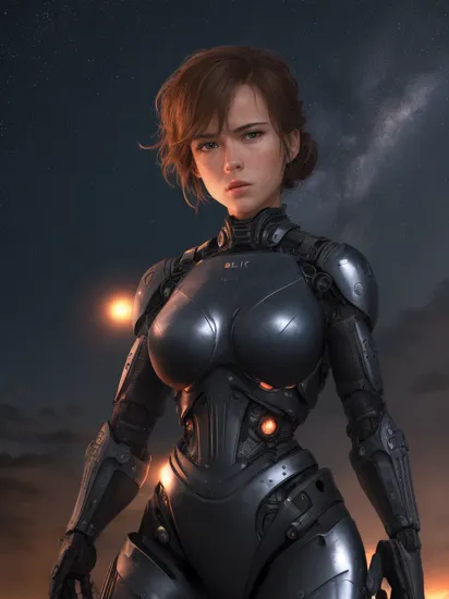 explosions in the background, night sky, (Realisitc:1.5) woman terminator closeup, 