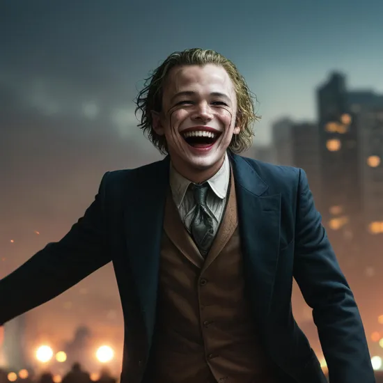 heath ledger playing the joker, laughing gleefully, city explosions in the background, photography,  Explosion Artstyle, cinematic, civilians fleeing in terror