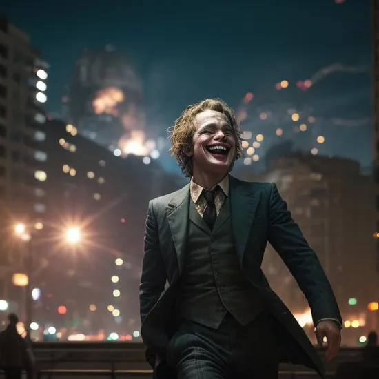 heath ledger playing the joker, laughing gleefully, city explosions in the background, photography,  Explosion Artstyle, cinematic, civilians fleeing in terror