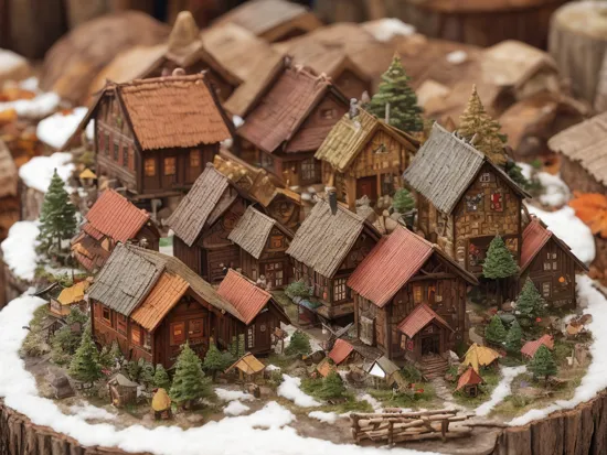 sprawling miniature village of cabins made of twigs nestled beneath Eastern Hemlock trees populated with tiny rodent people dressed in medieval attire, autumn,  Fall holiday decorations, extremely detailed, masterpiece, macro photography, tilt shifted, best quality, 
 