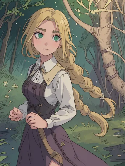 (rapunzel:1), tangled,  (standing in water:1.2), (adventure outfit:1.5), (white blouse, black vest with dark purple stitching, dark purple skirt), (long hair, blonde hair, green eyes:1), (long braid:1.5),  ((green eyes)), (dress:1), (long dress),  cartoony facial features, large round eyes, blonde hair, (realistic:1.2),  (masterpiece:1.2), (full-body-shot:1),(Cowboy-shot:1.2), green grass, dandelions,  light particles, magical forest background, neon lighting, dark romantic lighting, (highly detailed:1.2),(detailed face:1.2), (gradients), colorful, detailed eyes, (detailed landscape:1.2), (natural lighting:1.2),(detailed background),detailed landscape, (dynamic pose:1.2), close shot, solo,     