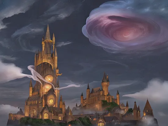 A mystical realm of art,with a palace of Harry Potter at its center,illuminated by a stormy night sky and surrounded by a swirling cloud of ghostly smoke.,