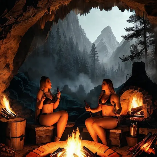 @Laura cave woman wearing animal skin fur panties, bra, & clothes. Living in a cave in the forest & mountains. A large bonfire in the back grilling meats with other women in the background cooking & nursing babies.