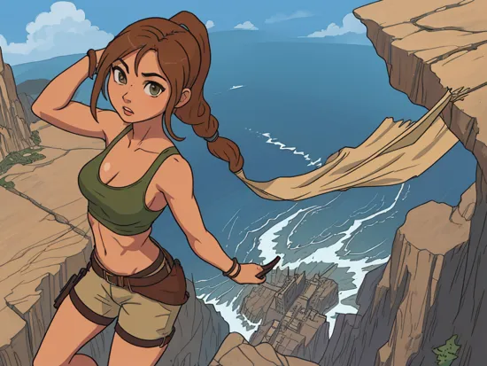 lara croft standing on the edge of  a cliff,  perfect body, fit, tanned 