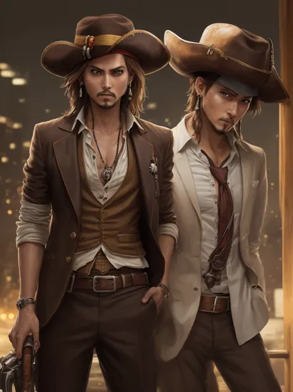 masterpiece, best quality, wrench_genshin_style, , jack sparrow, brown eyes, hat, brown hair, earrings, hat, pirate, jewelry, shirt, short hair, white shirt,  , suit, business suit, golden suit, night, (dark environment), glass, alcohol, angry,