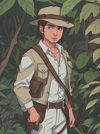 ((masterpiece, best quality, high quality, highres, ultra-detailed)), jmil, (looking at viewer:1.3), (solo:1.2), 1man, oldman, (indiana jones:1.2), epic pose, portrait, 
(brown lather jacket:1.2), lather jacket, white shirt, (strap:1.1), (felt hat:1.2), (white pants:0.9), (shoulder bag:1.1), whip, gun belt
(jungle:1.2), plants, nature, outdoors, 


, (cinematic look:1.4), soothing tones, insane details, intricate details, hyperdetailed, low contrast, soft cinematic light, dim colors, exposure blend, hdr, faded, slate gray atmosphere