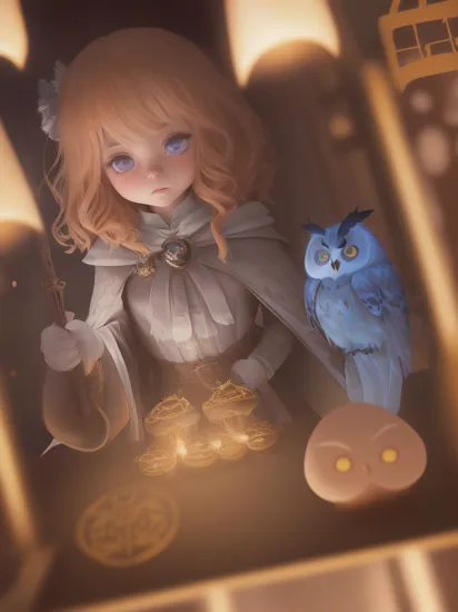 comix style, ((magic ghost owl)), Hermione Granger casting spells, Hall at Hogwarts on backgroung, ((((chibi)))), (magical atmosphere), focus on eyes, (((ultradetaled clear eyes))), (detailed skin, skin texture), (intricately detailed, fine details, hyperdetailed), raytracing, subsurface scattering, wide angle, diffused soft lighting, shallow depth of field, by (Oliver Wetter), photographed on a Canon EOS R5, 28mm lens, F/2.8, sharp focus bokeh