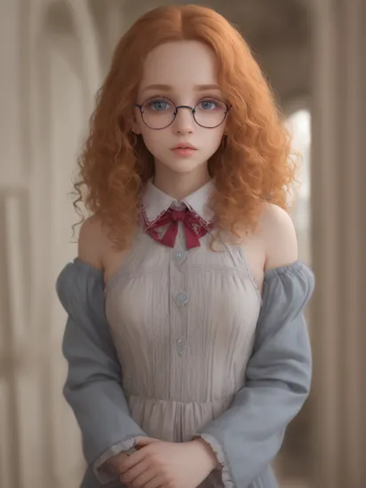 small breasts (((Petite))) Red hair ((Hermione Granger at Hogwarts)),((different clothes ,)), (((Petite))) , a photo of a glass woman, (, egirl, cosplay, ),,butterfly glasses, big lips, round_eyewear, solo, pride, upper_body, (looking at the viewer), orange_background, realistic, (silhouette_lighting:1), epiCRealism, backlight ((silhouette_lighting)), epiCRealism, backlight She has double eyelids and a high nose bridge, which beautifully accentuates her big eyes. Her blonde colored curls add charm to her overall appearance. With cherry lips , she looks adorable 3d,frame,Day tunic, embroidered collar, and wimple, Trailblazer, Average Height, Athletic, Oval Face, Dark Skin, Strawberry Blonde Hair, grey-blue Eyes, Straight Nose, Thin Lips, Sharp Chin, Shoulder-Length Hair, Fine Hair, Swept Bangs, perky breasts, Threader earrings, cherry cream lipstick, crouching,  f2, 35mm, film grain,  jinjermoon  mayers woman 4k, beautiful, large lips:1.3 (parted lips:1.3) and (lips filler:1.3) and (silicon lips:1.3), (thick lips:1.3),