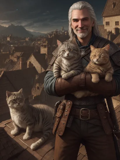 cinematic lighting, film grain, intricate,Geralt  holding a giant cat, (((smiling))),  TWO ADULT CATS, THREE KITTENS, ON A ROOF TOP,Geralt ,volumetric lighting, rich deep colors, masterpiece, sharp focus, ultra detailed, astrophotography