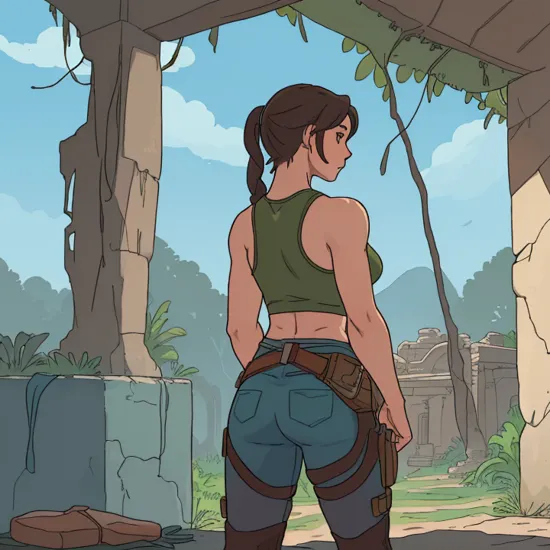 hdr, lara croft, ponytail, from_behind, ass_focus, standing, leaning, looking serious
wearing teal tanktop, brown shorts, holster, belt, boots,
indoors, temple, old ruins, jungle, trees, blue sky, sunny,  beautiful ambiance, extremely detailed, big natural breasts, underbutt crease, sexy