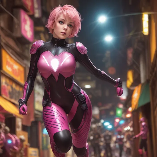 annabellpeaks, dressed as a superhero, wearing full body glowing neon [iron man armor:armored wetsuit:0.2], (wide shot), reflective armor, short punk style pink hair, ((detailed face)), (running towards camera), ((close up shot)), , in a crowded bazaar alleyway at night, professional comic book style, toned athletic body, bloom, lens flare
