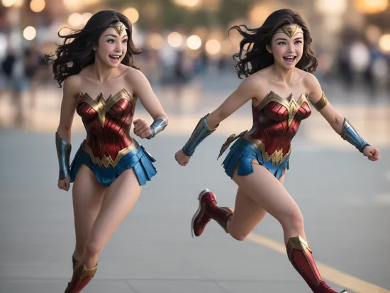 DC movies,wonder woman,photo of a 18 year old girl,skating on a skateboard,happy,laughing,fit and petite body,ray tracing,detail shadow,shot on Fujifilm X-T4,85mm f1.2,sharp focus,depth of field,blurry background,bokeh,lens flare,motion blur,,