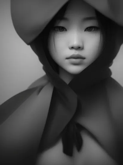 1 Chinese Girl,Monochrome composition of a (shrouded figure:1.3),  with (visible lips:1.1) and (intense gaze:1.1), texture-rich, abstract human form, grayscale palette, dynamic contrast, (striking shadows:1.2), high-detail, close-up, conceptual art, mystery and concealment, studio shot, fine art photography, Canon EOS 5D Mark IV, f/4, 1/125s, ISO 100,