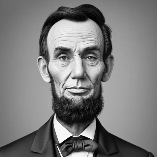 Caricatures style picture of Abraham Lincoln,beard,bowtie,solo,portrait,simple background,looking at viewer,realistic,shirt,monochrome,greyscale,white background,sketch,upper body,nose,collared shirt,traditional media,jacket,white shirt,thick eyebrows,formal,parody,old man,,
