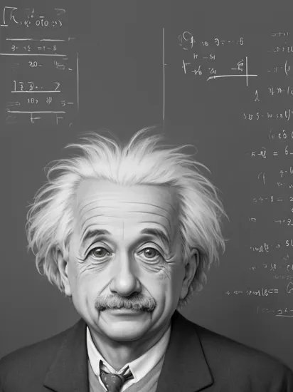 Albert Einstein, detailed graphic, blackboard, mathematic equations, 50s style,
