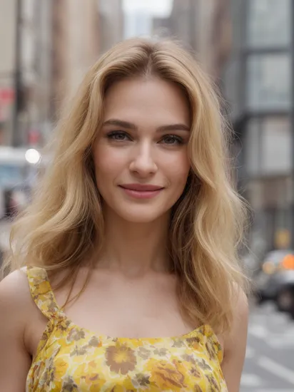 (RachelWeisz2:0.9), modelshoot, pose, portrait, (Manhattan street corner, street fashion, street photography), (yellow floral sundress:1.2), long blonde hair, (closeup on upper body), smile:1.5, bold colors, sunset, pastel sky, July, hot, humid, sweat, high heels, ((masterpiece, best quality, extremely detailed, perfect body, perfect face:1.2)), , (pores, skin imperfections, realistic skin, vellus hair)