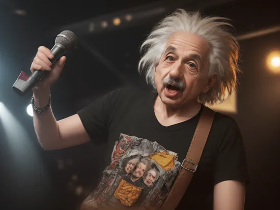 (Hyperreal:1.4), Albert Einstein in a punk black t-shirt singing in a hard rock cafe, open mouth, leather bracelets, in one hand holding microphone, in other hand pack of chips, top half body shot, low angle shot, atmospheric, volumetric light,  
