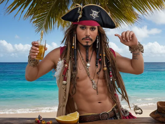 sparkles, glitter, Pirate, Captain Jack Sparrow, drinking rum, tropical beach,