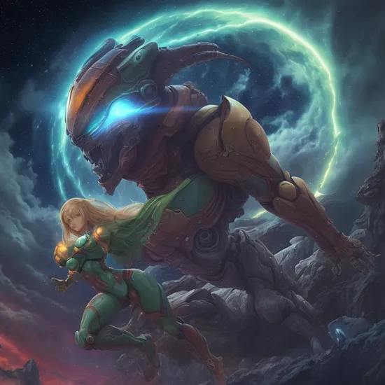 Samus Aran stands defiantly on an uncharted alien planet's surface. Swirling, tumultuous galactic storms gather overhead, casting eerie luminescence. Energy beams pulse rhythmically from her iconic arm cannon, engaging in a fierce battle with a massive, intimidating alien creature, its roar echoing in the foreign atmosphere.
