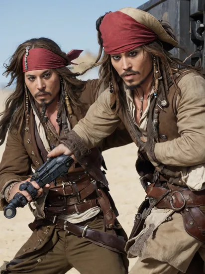 Fighting game style, photo of, telephoto shot, Captain Jack Sparrow duels fighting with British soldier,  n3wp1r4t3, gun shooting, smoke, gun fighting, on deck, extremely detailed face eyes hands, perfect hands, Dynamic, vibrant, action-packed, detailed character design, reminiscent of fighting video games