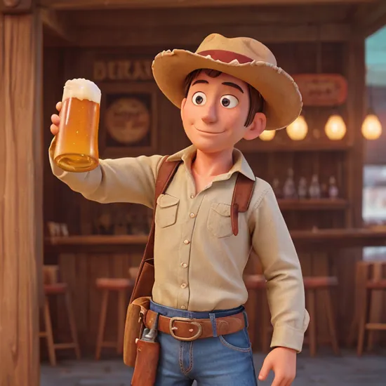 :Woody1024, a cowboy in a saloon with a beer, detailed eyes, highly detailed, photography, ultra sharp, film, bokeh, professional, 4k   
