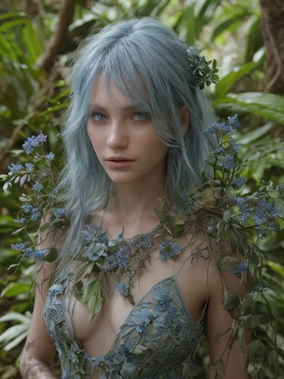 fashion photography portrait of blue human avatar, (in a wilted jungle with decaying flowers , grey lifeless jungle, wilted flowers, lifeless jungle:1.1), 3d render, cgi, symmetrical:1.1 , octane render, 35mm, bokeh, (intricate details:1.12), hdr, (intricate details, hyperdetailed:1.15), (natural skin texture, hyperrealism, soft light, sharp:1.2), gorgeous lighting, light showing through plants, facing viewer, beautiful blue flower dress, beautiful blue eyes, beautiful blue hair, blue flowers in hair, upper body focus, holding a decaying flower,  surrounded by a decaying jungle
