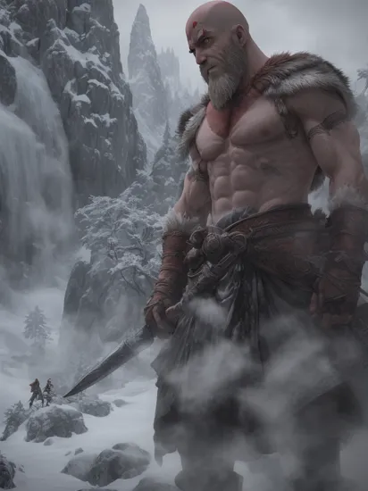 Anime, Kratos, atop the peaks of Jotunheim, deciphers runic prophecies with Atreus. Glistening snowflakes dance around, each one holding visions of past battles and future confrontations.