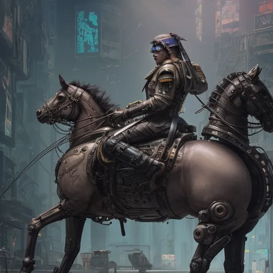 cyberpunk Napoleon Bonaparte in (cyberpunk style:1.6) sitting on a rearing biomechanical horse,mysterious ground fog,biolumiscent tattoos,bionic cyborg features,luxorious robotic parts,soft neon light,historical,vivid details,toxic dust,hyperrealistic masterwork by head of prompt engineering,,,