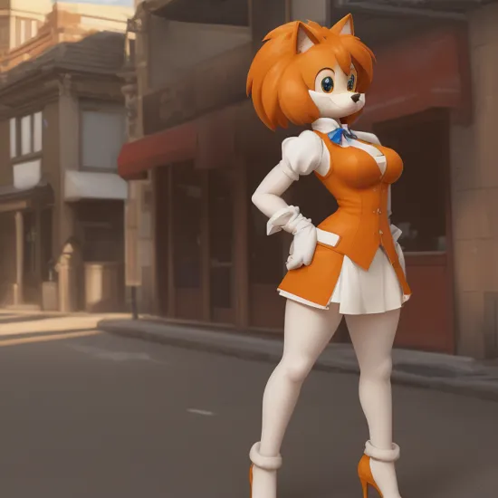 , masterpiece, best quality, vanilla the rabbit, brown eyes, animal nose, sonic the hedgehog (series), short hair, orange hair, white gloves, looking at viewer, standing, red high heels, rabbit girl, medium breasts, breasts, sonic the hedgehog \(series\), furry, furry female, highly detailed,  detailed background, mature female, city, buildings, outside, (uploaded on e621), (((by marthedog, by chadthecartoonnut, by avante92))), dress, blue ascot, red vest, cinematic lighting,  puffy sleeves,
