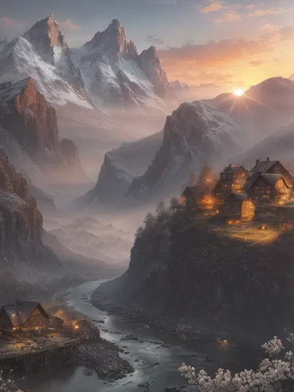 photo RAW,(winter,sunset,mountains and a wooden village on river, (gray Nigella flowers on foreground), sunrays, lens flare, 4k highly detailed digital art, 8k hd wallpaper very detailed, impressive fantasy landscape, sci-fi fantasy desktop wallpaper, 4k detailed digital art, sci-fi fantasy wallpaper, epic dreamlike fantasy landscape, 4k hd matte digital painting, 8k stunning artwork,Realistic, realism, hd, 35mm photograph, 8k), masterpiece, award winning photography, natural light, perfect composition, high detail, hyper realistic, (composition centering, conceptual photography), realistic, detailed, balanced, by Trey Ratcliff, Klaus Herrmann, Serge Ramelli, Jimmy McIntyre, Elia Locardi