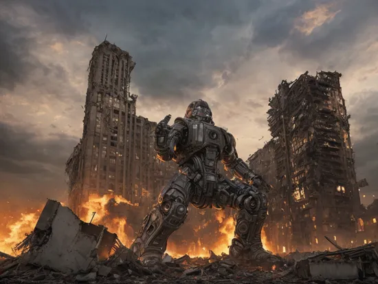 apocalypse ruins buildings destroyed  full body shot (Realisitc:1.5) man terminator, 