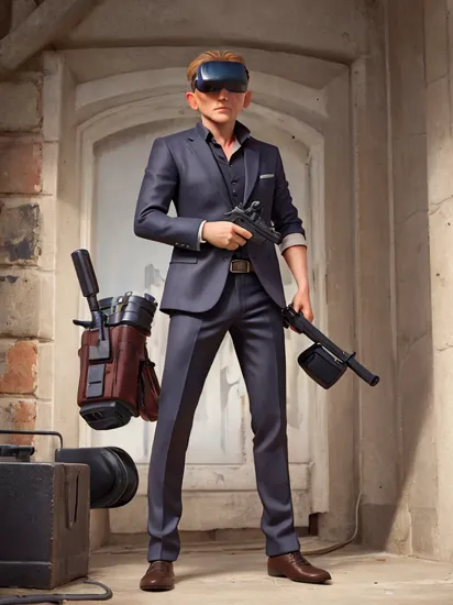 VR helmet,  Daniel Craig as James Bond,  holding  a gun,  cyberpunk,  art by Agnes Cecile