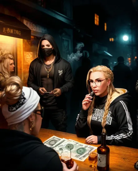 @Laura gangster with long, blonde, braided, golden hair, wearing a black & white hoodie & bandanas. Gold jewelry. Diamond jewelry. Sitting on her throne. She is surrounded by her gangster & crew. They all have guns & weapons & are smoking cigars. The room is dark & filled with smoke. There are stacks of cash on the table in front of them. There are glasses of alcohol and bottles. They are in the streets at the end of an alley. it is midnight. you can barely see anything just from the glow of the street lights and moonlight.