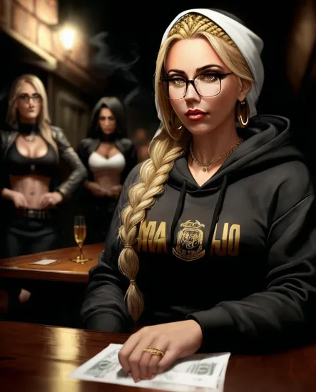 @Laura gangster with long, blonde, braided, golden hair, wearing a black & white hoodie & bandanas. Gold jewelry. Diamond jewelry. Sitting on her throne. She is surrounded by her gangster & crew. They all have guns & weapons & are smoking cigars. The room is dark & filled with smoke. There are stacks of cash on the table in front of them. There are glasses of alcohol and bottles. They are in the streets at the end of an alley. it is midnight. you can barely see anything just from the glow of the street lights and moonlight.