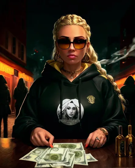 @Laura gangster with long, blonde, braided, golden hair, wearing a black & white hoodie & bandanas. Gold jewelry. Diamond jewelry. Sitting on her throne. She is surrounded by her gangster & crew. They all have guns & weapons & are smoking cigars. The room is dark & filled with smoke. There are stacks of cash on the table in front of them. There are glasses of alcohol and bottles. They are in the streets at the end of an alley. it is midnight. you can barely see anything just from the glow of the street lights and moonlight.