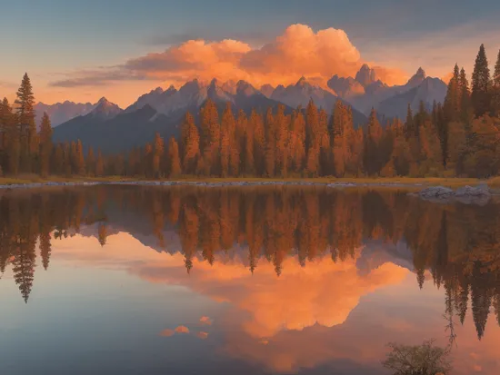high quality photography, by Ansel Adams,  a serene mountain landscape at sunset, with a calm lake in the foreground, surrounded by (towering trees:1.1) and a (vibrant sky:1.1) painted in shades of orange and pink 