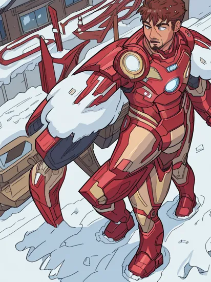 Iron Man at Christmas, standing outside, heavy snowfall, photorealistic illustration, high detail