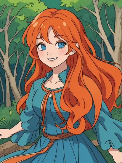 merida_v1, long orange hair, curly hair, blue eyes, green dress, clothing cutout, looking at viewer,smiling, close up portrait, outside, forest, trees. blue sky, high quality, masterpiece, 