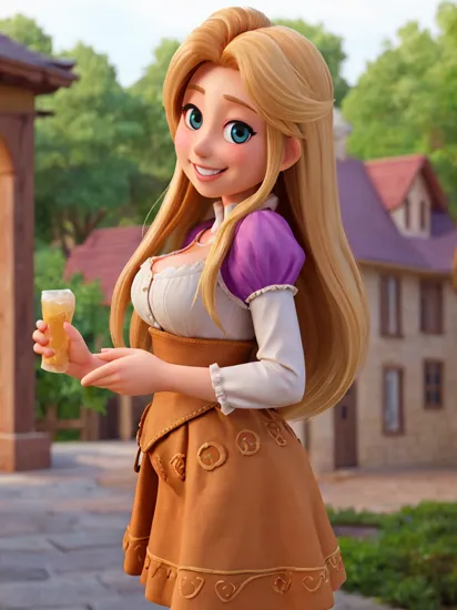 smile, large breasts, breast focus, upper body, from side, Rapunzel, 
