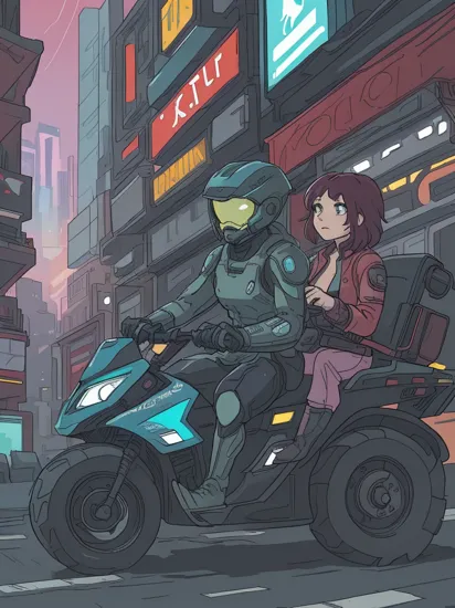 Two people, Cortana and Master Chief riding on a quadbike, picture, cinematic action shot, raw photo, HDR colors, cyberpunk cityscape in the background, cyberpunk surroundings, futuristic cyberpunk art style, multicolor neon lights, night time, water reflections, dark atmosphere, masterpiece, best quality, detailed, intricate, ultra detailed, 16k, highres, absurdres   