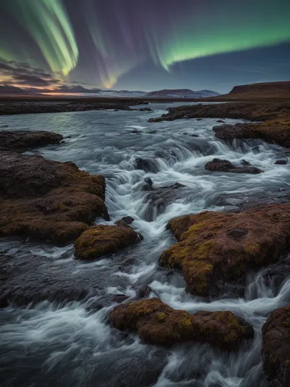 prize winning landscape photography of iceland at night with wildwater intersecting the magical landscape and the northern lights dancing in the sky reflected in the water, a very serene scene unlike any other, dark but beautiful, masterpiece, best quality, (intricate details), (****), eldritch, glow, glowing eyes, volumetric lighting, unique pose, dynamic pose, dutch angle, 35mm, anamorphic, lightroom, cinematography, film grain, HDR10, 8k hdr, Steve McCurry, ((cinematic)), RAW, color graded portra 400 film, remarkable color,
