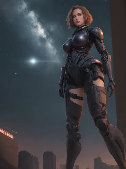 explosions in the background, night sky, full body shot (Realisitc:1.5) woman terminator, gigantic breasts, 