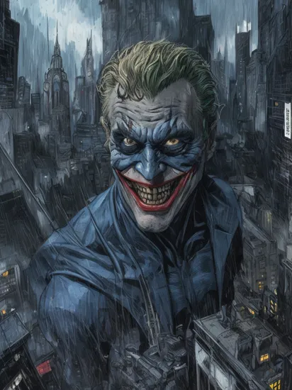 (((masterpiece))),(best quality),((ultra-detailed)),
Batman Joker action scene in the middel of a huge dark city,comic style,cold colors,blue tones,,