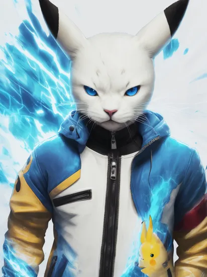 bj_Fault art,Pikachu,solo,blue eyes,glowing,animification,Jacket,zipper,glitch,
cinematic lighting,strong contrast,high level of detail,Best quality,masterpiece,White background,,