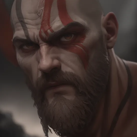 (close-up, editorial photograph of kratos for god of war), (highly detailed face:1.4), (Muscular body:1.2), (background inside dark, moody, private study:1.3), full body portrait, by lee jeffries, nikon d850, film stock photograph ,4 kodak portra 400 ,camera f1.6 lens ,rich colors ,hyper realistic ,lifelike texture, dramatic lighting , cinestill 800, award-winning, highres, extremely detailed, 8k photo, best quality, intricate details, realistic, gorgeous, hyperdetailed, grainy, high quality, (((professional))), canon 5d