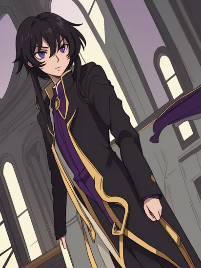 Lelouch Lamperouge, (black-haired, intense violet eyes:1.2), wearing a stylish, (elegant black coat:1.1) with gold accents, emanates an air of (charismatic charm:1.3). The (dimly-lit room:1) casts shadows, creating a mysterious ambiance, enhancing his (confident pose:1.1). The photograph is taken from a (dramatic low angle:1.2), accentuating his authoritative presence. In the background, a (subtle representation of the Geass symbol:1) adds a touch of symbolism to the image, connecting it to the anime Code Geass. Natural light from a (narrow window:1.1) softly illuminates his face, giving his expression depth and allure.  