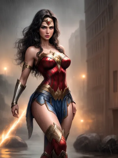 Full Body Portrait of Wonder Woman in Indian Style Dress, in a futuristic war city, large breasts, beautiful face, rain, fantasy, intricate, elegant, highly detailed portrait, 8k, highly detailed, ((cinematic lighting)) dramatic, beautiful