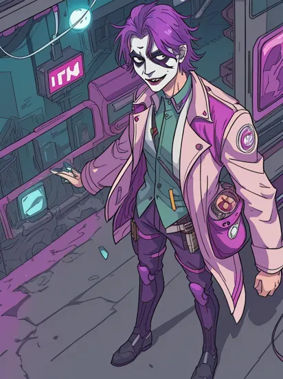 the joker in a (cyberpunk world), a cyberpunk joker, with cybernetic enhancements, full body, perfect composition